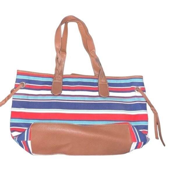 Croft and Barrow Colorful Striped Canvas Tote Bag With Tan Faux Leather Straps - Picture 1 of 5
